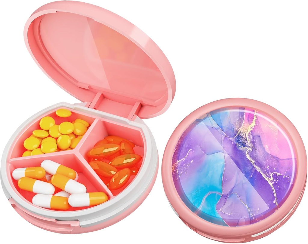 Serfeymi Small Pill Box - 3 Compartimientos Caja de Píldora Portátil, Caja de Píldora Compacta de Mini Travel Pill - Adecuado para Medicina, Vitamina, Petróleo de Pesca, Suplementos - Rosa(Arte líquido)