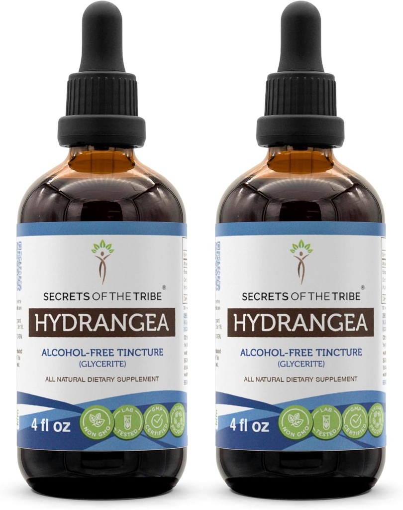Secretos de la tribu Hydrangea Tincture Extracto líquido libre de alcohol, Hydrangea (Hydrangea arborescens) Root seco (2x4 FL OZ)