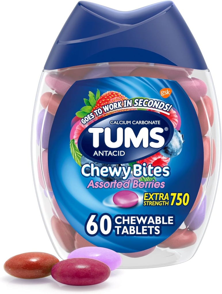 TUMS Chewy Bites Tablas de ácido para el alivio de la acidez picante y el alivio de la indigestión ácida, bayas surtidas - 60 cuenta
