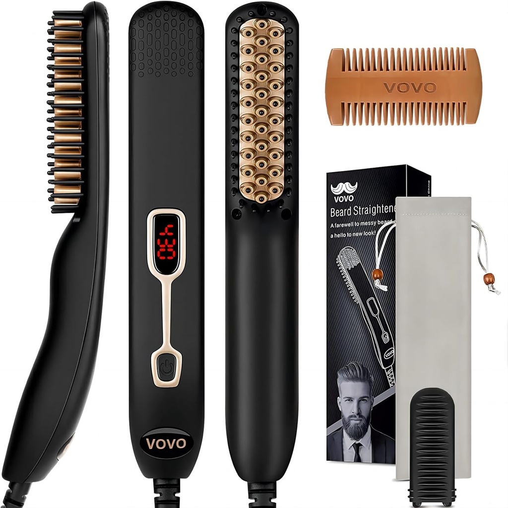 VOVO Beard Straightener Comb Upgrade Professional 2 in 1 Men's Beard Straightening Heated Hair Straightening Brush Portable Anti-Burn 6 Temperature Adjustable with LED Display for Home and Travel