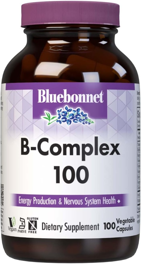 Complejo Bluebonnet Nutrition B, Espectrum completo completo, Vitamina B6, B12, Biotina, Folate, Vegan, Vegetariano, Gluten, Soy &amp; Milk Gratis, Kosher, 100 Cuenta