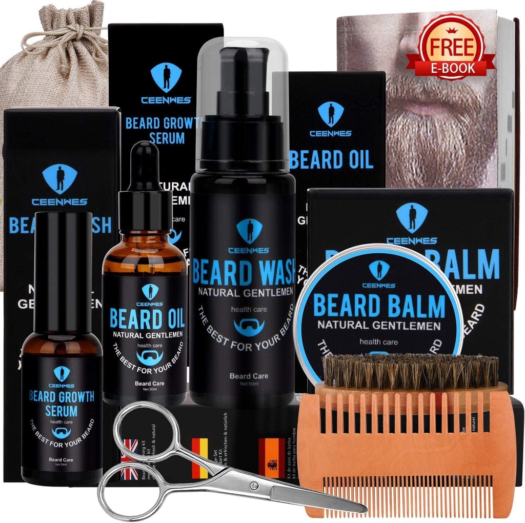 Beard Kit de baño,Beard Kit con aceite de barba,Beard Growth Serum,Beard Wash, Beard Balm,Beard Brush, Beard Comb, Beard &amp; Mustache Tijeras Crecimiento de barba Kit Regalos únicos para hombres