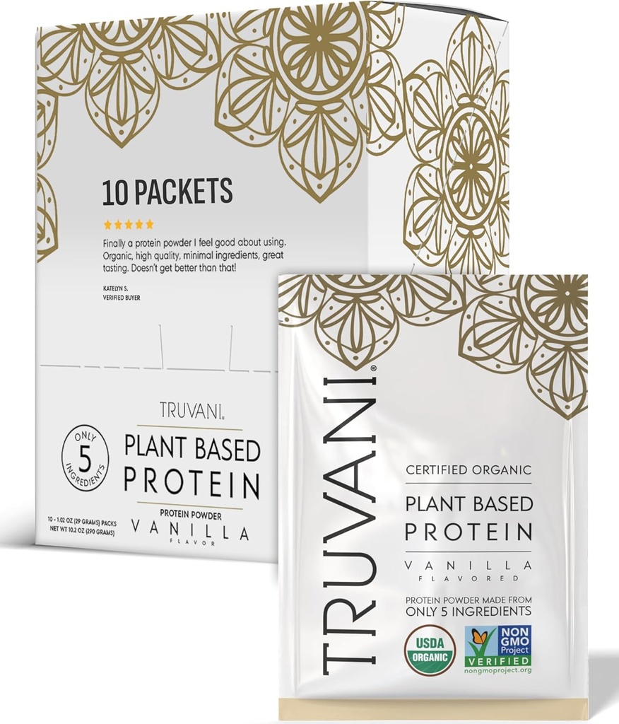 Truvani Vegan Pea Protein Powder | Vanilla | 20g Organic Plant Based Protein | Single Serving Travel Packets | 10 Servings | Keto | Gluten & Dairy Free | Low Carb | No Added Sugar