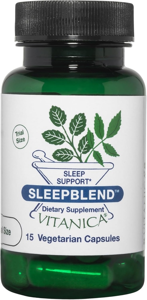 Vitanica SleepBlend - Sleep &amp; Relax Support for Women - Herbal Supplements with Melatonin, Valerian Root, Vitamina B2 &amp; B12 &amp; Magnesium - Pro Logo - 15 Vegan Caps