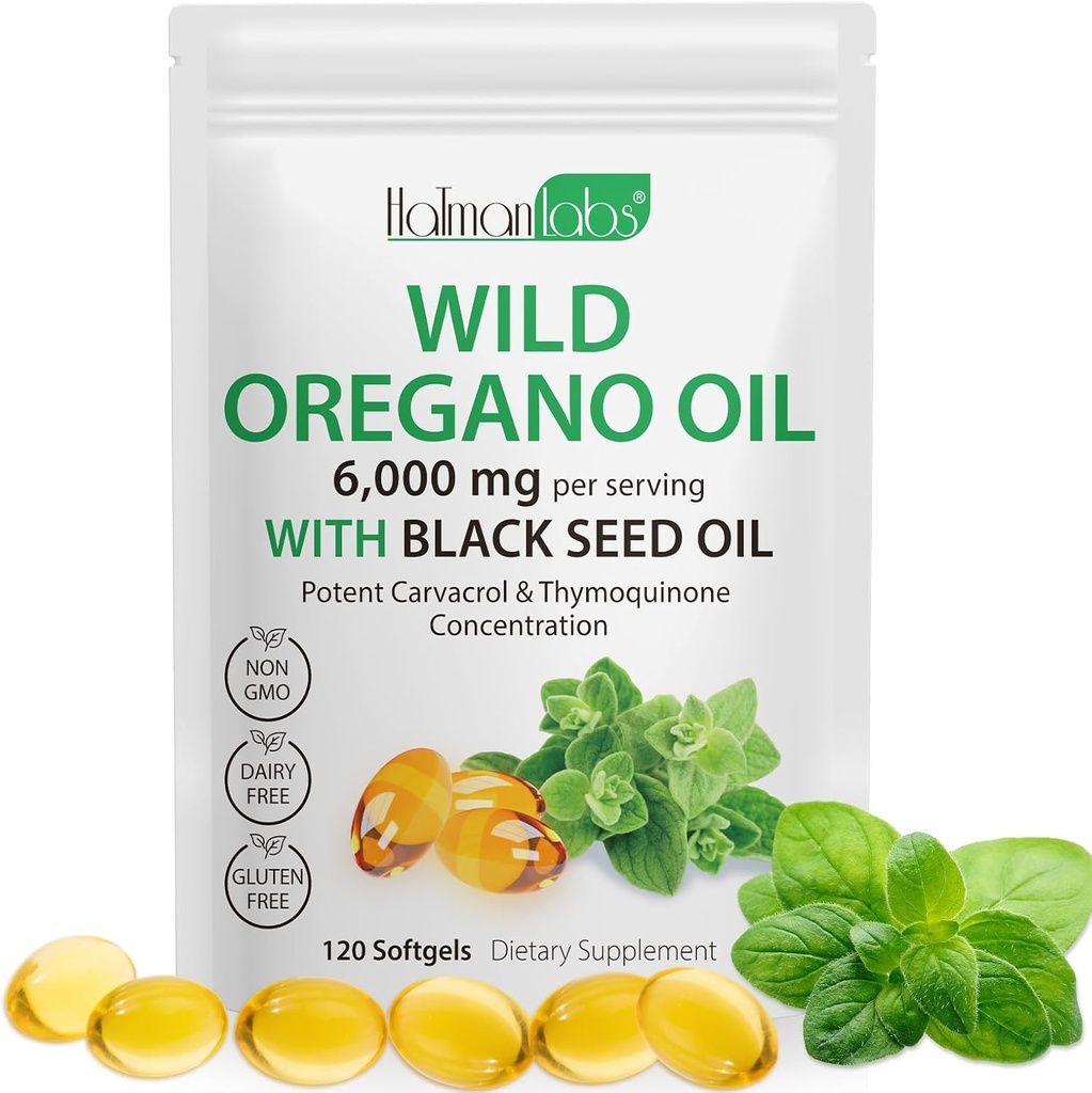 Óleo de orégano cápsulas,2 en 1 6000mg Aceite de orégano con aceite de semilla negra, aceite de orégano silvestre Immune y soporte antioxidante,No GMO,Gluten Free,120 Softgels (1 bolsa)