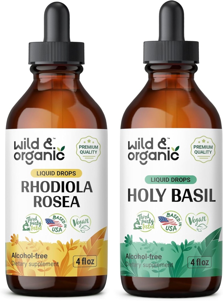 Wild &amp; Organic Rhodiola Rosea Tincture 4 fl oz &amp; Holy Basil Tincture 4 fl oz