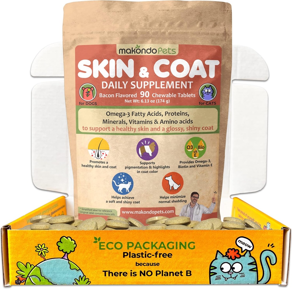 Suplemento de piel y carne con aceite de pescado y omega 3 para perros y gatos - Alivio de Itch perros Suplemento de mascotas para la cama, picazón de piel y alergias - Tratamiento de alergia al perro Vitaminas (90 Tabs)
