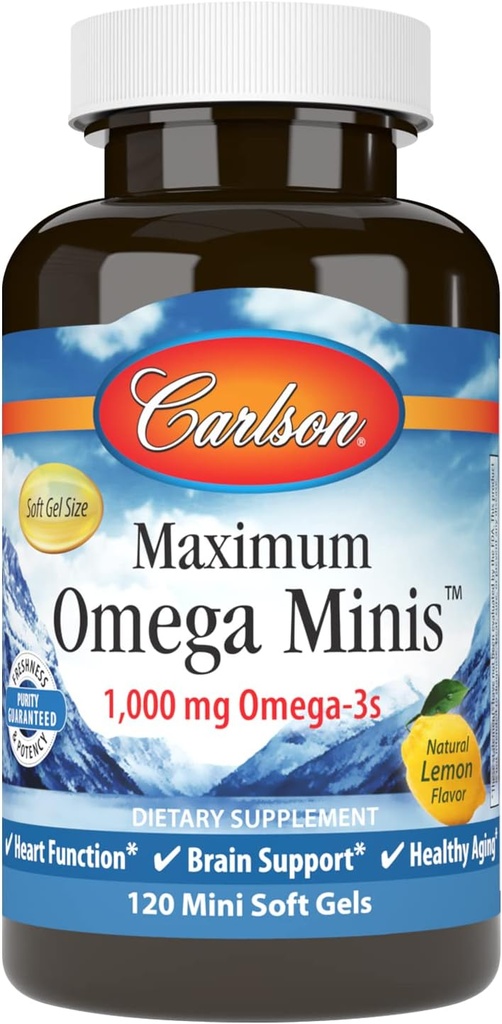 Carlson - Máximo Omega Minis, 1000 mg Omega-3s, Función cardíaca, Apoyo cerebral " Envejecimiento saludable, Lemon, 120 Mini Softgels