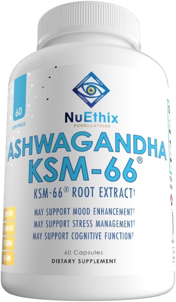 NuEthix Formulations Ashwagandha KSM 66, 500mg of KSM-66 Root Extract, Mood, Stress, & Cognitive Support, BioPerine Black Pepper Extract, Gluten Free, Vegetarian, Non-GMO, " Dairy Free, 60 Servings