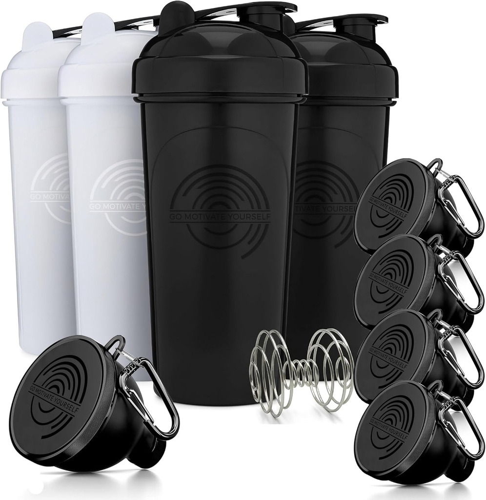 GOMOYO Fitness Bundle - 4-Pack Shaker Botellas con Agitator + 5-Pack Funnels Protein con Carabiner, BPA-Free &amp; Dishwasher Safe