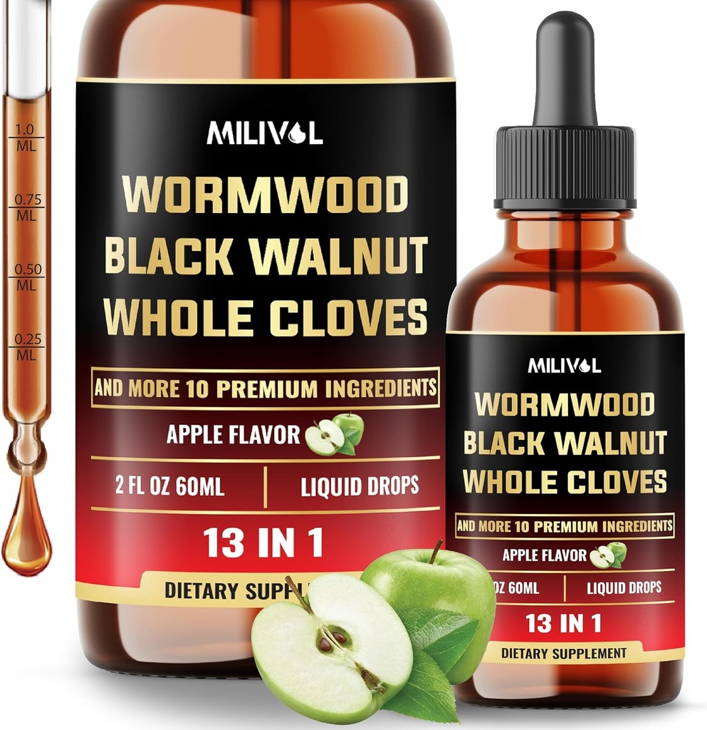 13in1 Wormwood Liquid Drops - 1900mg Black Walnut Wormwood Liquid Extract with Whole Cloves &amp; Más - 60 Day Supply - 2 Fl Oz