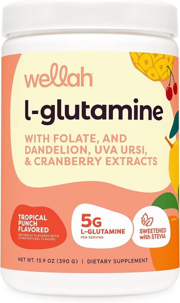 Wellah L-Glutamine Powder Tropical Punch (50 Servings) - 5g L-Glutamine Por Serving, Sweetened with Stevia