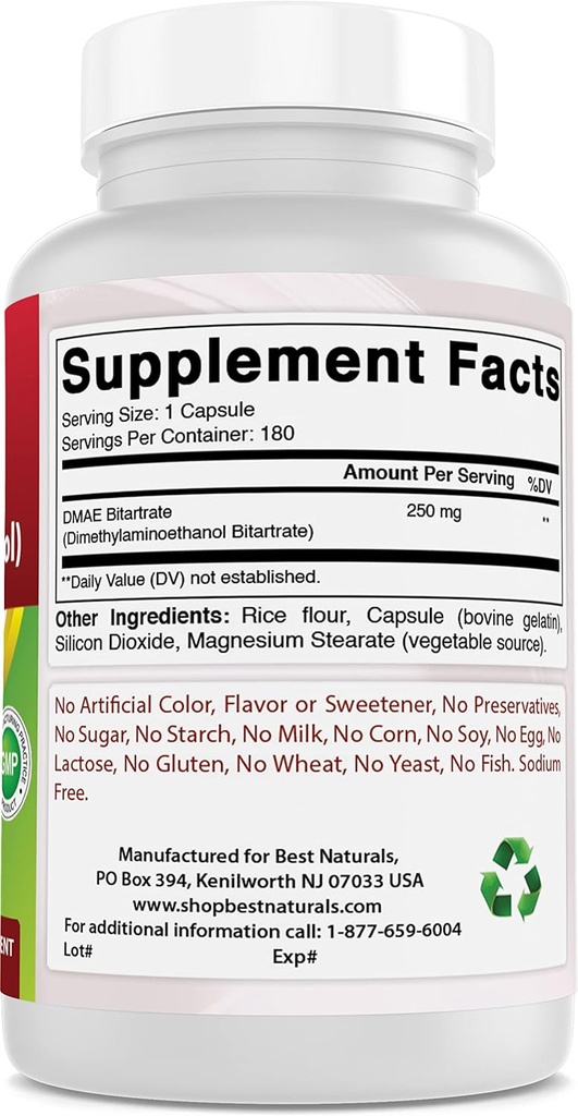 Mejores Naturales DMAE Suplemento 250 mg &amp; Vitamina B1 como Mononitario de Thiamina 100 mg