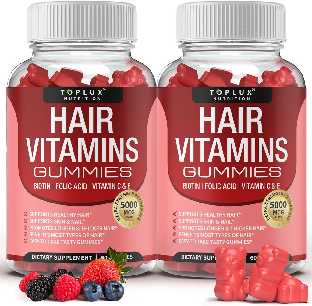 Suplemento de las vitaminas del pelo - Más rápido crecimiento del cabello Gummy 5000mcg Biotina, ácido fólico, vitamina C &amp; E, soporte más fuerte " cabello delgado, piel, uñas, no GMO, para hombres mujeres, 60 gomas saboreados de Berry