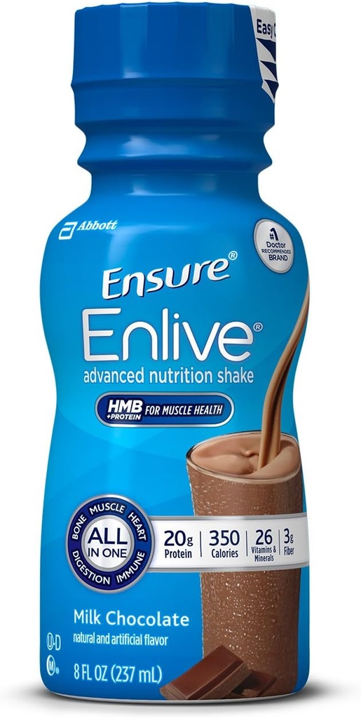 Ensure Enlive Advanced Nutrition Agitar con 20 gramos de proteína, Sacudas de Reemplazo de Comida, Chocolate de Leche, 8 fl oz, 16 con