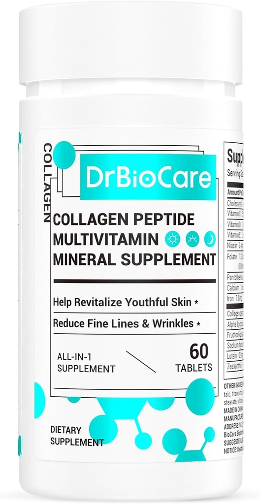 DrBioCare Collagen Peptides para Mujeres, Belleza Vitamina &amp; Suplemento Mineral, Contiene Vitamina D3, Probióticos para Peptidos Collagen Mujer, Complejo Vitamin B,Vitamin E 60 Tablets