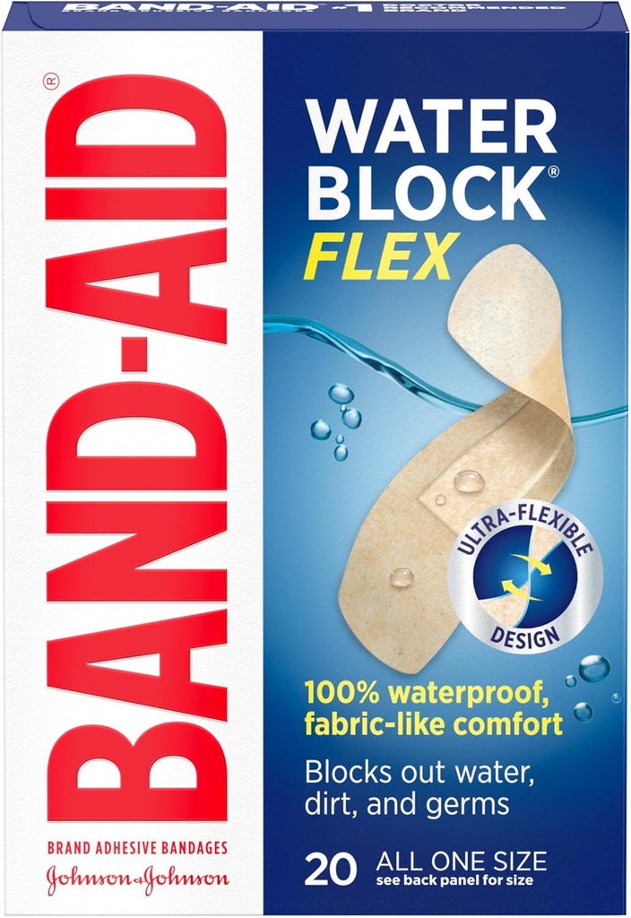 Banda-Aid Brand Water Block Flex 100% A prueba de agua Bandas Adhesivas para primeros auxilios de cortes menores, rayas " , Diseño Ultra-Flexible, Sterile, All One Size, 20 ct