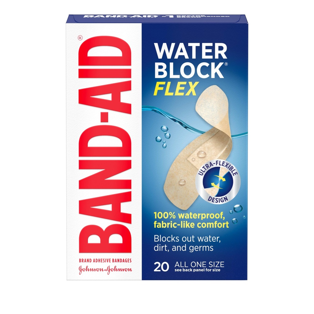 Banda-Aid Brand Water Block Flex 100% A prueba de agua Bandas Adhesivas para primeros auxilios de cortes menores, rayas " , Diseño Ultra-Flexible, Sterile, All One Size, 20 ct