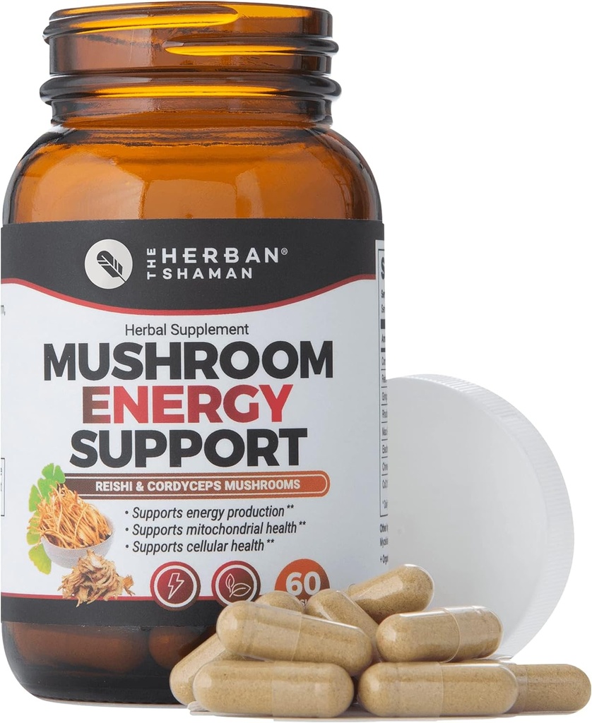 Mushroom Suplemento de energía Apoyo a la energía Silencioso orgánico Mushroom Herbal Capsules con Reishi, Ginkgo, Rhodiola, Maca, China Ginseng, CoQ10 + Más (60 cápsulas)