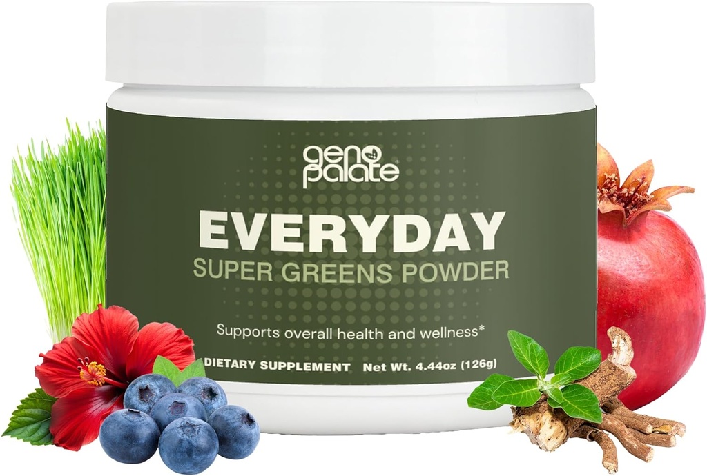GenoPalato Todos los días Super Verdes, Nutrientes de base vegetal con Barley Grass, Spirulina, Turmeric " Probióticos, Apoya Energía, Digestión, Antioxidantes " Estrés, Vegano, Libre de gluten, No GMO, 30 Servimientos