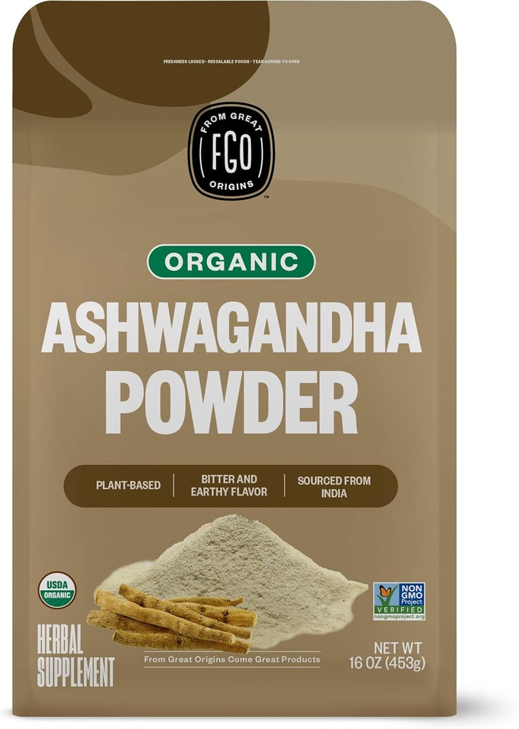 FGO Organic Ashwagandha Root Powder, 16oz Resealable Bulk Bag, Non-GMO, Indian Ginseng, Withania Somnifera, Sourced from India (Pack of 1)