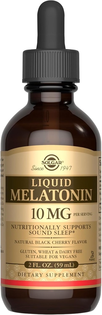 SOLGAR Melatonina Líquida 10 mg, Natural Black Cherry Flavor - 2 fl oz - Ideal para Jet Lag - Vegan, Gluten &amp; Dairy Free, Kosher - 59 Servimientos