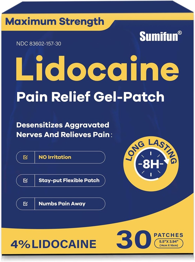 Sumifun 4% Lidocaine Pain Relief Patches 30 Conde Máximo Strength Numbing Gel Patch para atrás Knee Neck Mix Ache Muscle Soreness Topical Analgesic FSA o HSA Eligible