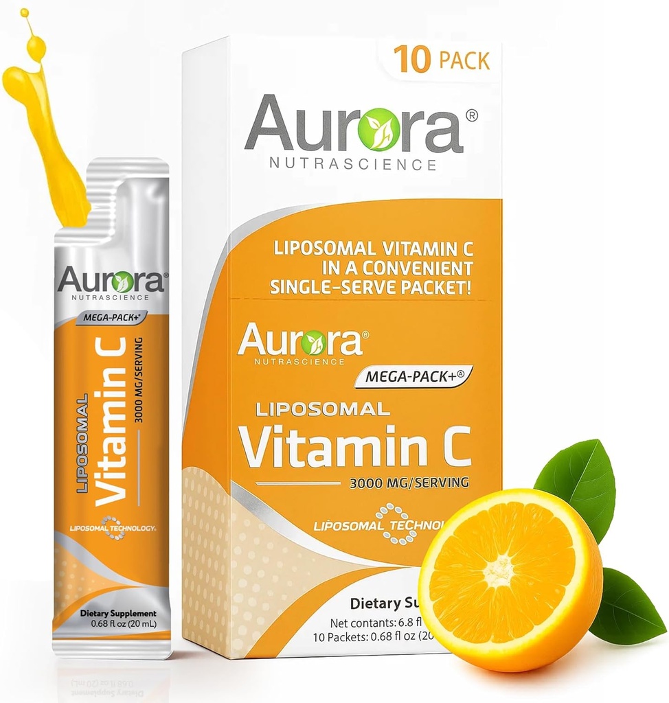 Aurora Nutrascience Mega-Pack Liposomal Vitamina C, Immune Support, 3000 mg Por Serving, Vegan, Gluten Free, Non-GMO, 10 Single Serve Packets, Orange