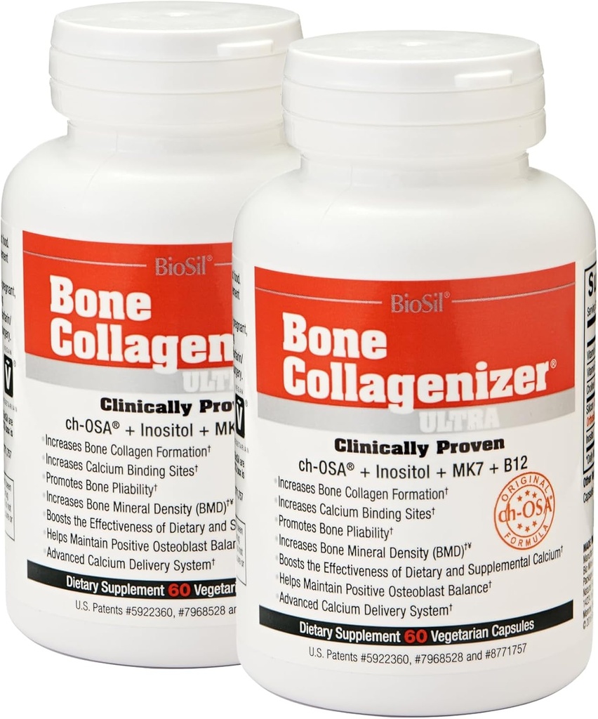 Biosil Bone Collagenizer Ultra - 60 Veggie Capsules, Pack of 2 - with Patented ch-OSA Complex + Choline, Inositol, MK7 &amp; Vitamin B12 - GMO Free - 60-Day Supply