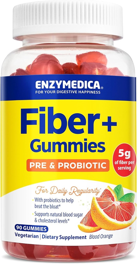 Enzymedica Fiber+ Gummies con prebióticos " Probióticos para regularidad diaria, vegetariano, 5g Fibra, suplemento natural de fibra, para hombres " mujeres, sabor de naranja de sangre, 90 ct