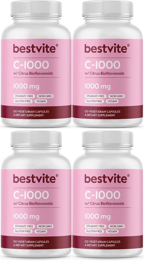 BestVITE Vitamina C 1000mg (480 cápsulas vegetarianas) (120 x 4) con Citrus Bioflavinoids - No Stearates - Vegan - No GMO - Gluten Free