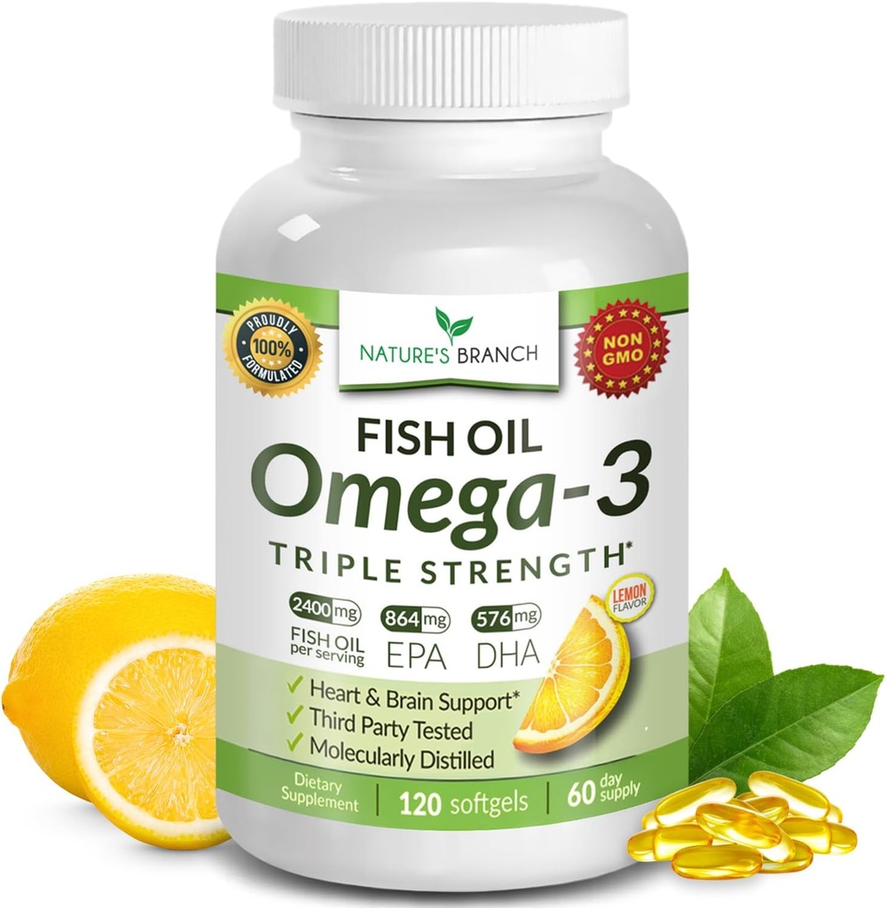 Mejor triple fuerza omega 3 Fish Oil Pills 2400mg  durable 120 Capsules  durable Burpless High Potency Lemon Flavor  864mg EPA 576mg DHA Ultra Pure Liquid Softgels Silencioso articulaciones Ojos Hair Heart Health Supplement