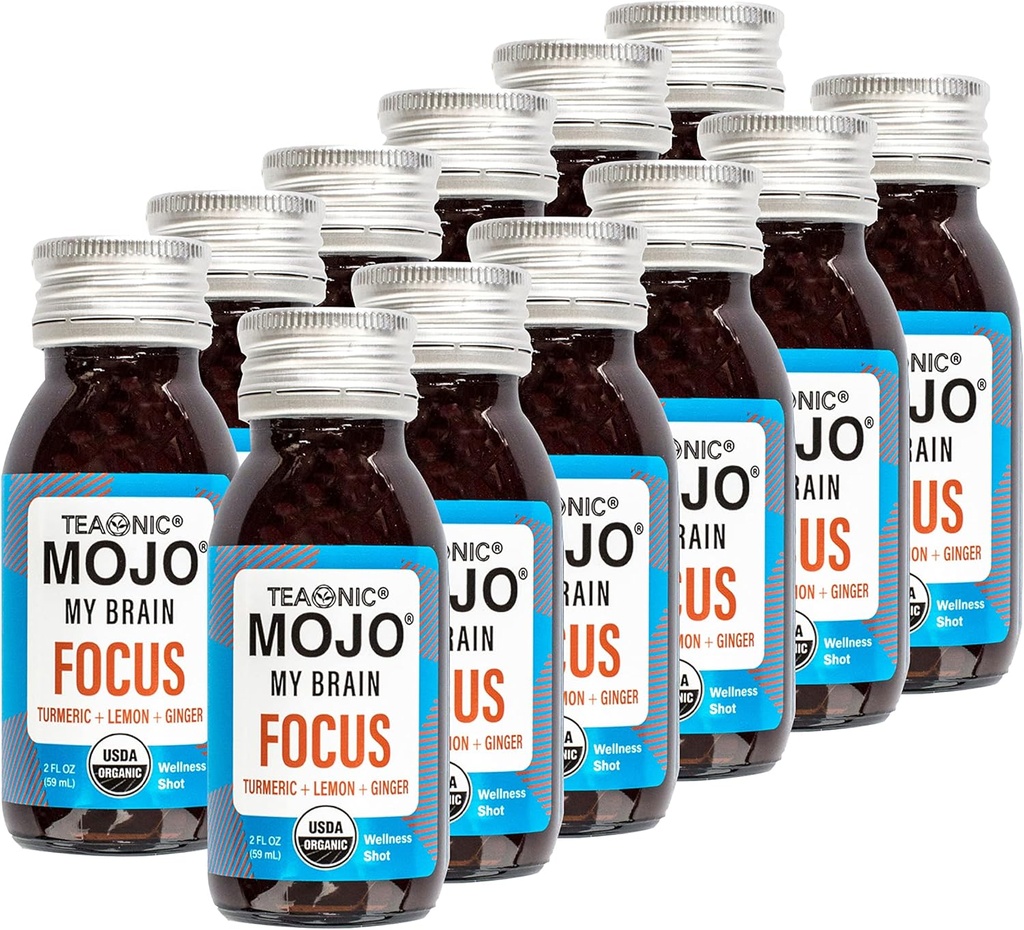 TEAONIC My Brain Mojo: Focus Wellness Shots - USDA-Certified Vegan Formula con Ginkgo Biloba, Ginger, Turmeric - 12 Bottles x 2 Fl Oz Cada - Gluten-Free, Non-GMO