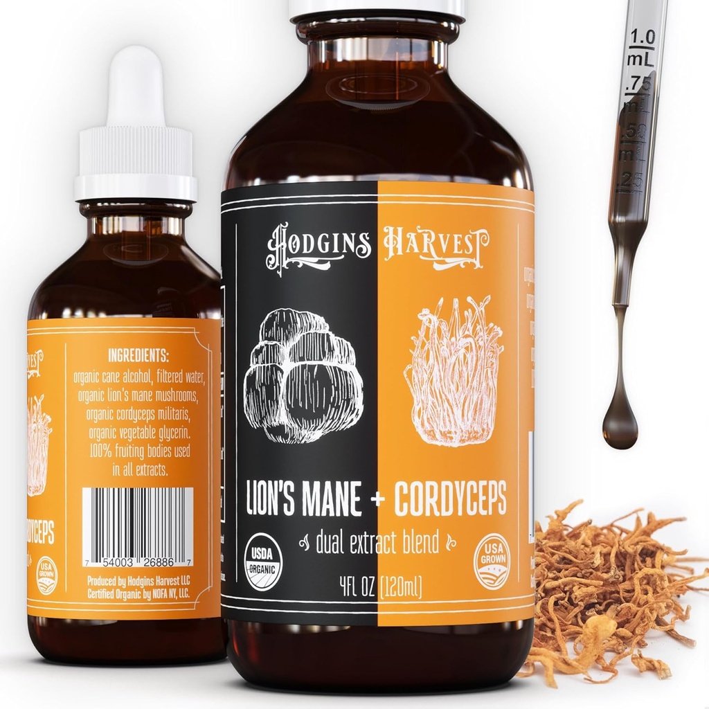 Hodgins Harvest Organic Lion's Mane + Cordyceps Tincture  Hecho con hongos cultivados en nuestra granja en los EE.UU.
