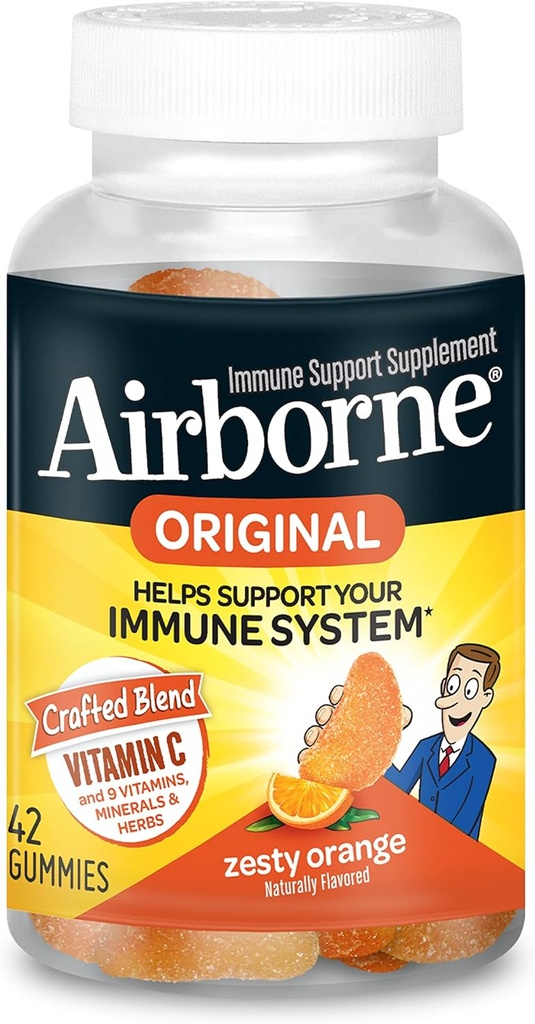 Airborne Vitamin C 750mg (por servicio) Zesty Orange Flavored Gummies (42 Cuenta en una botella), Gluten-Free Immune Support Suplemento con Vitaminas A C E, Selenium, Echinacea, Ginger, Antioxidante