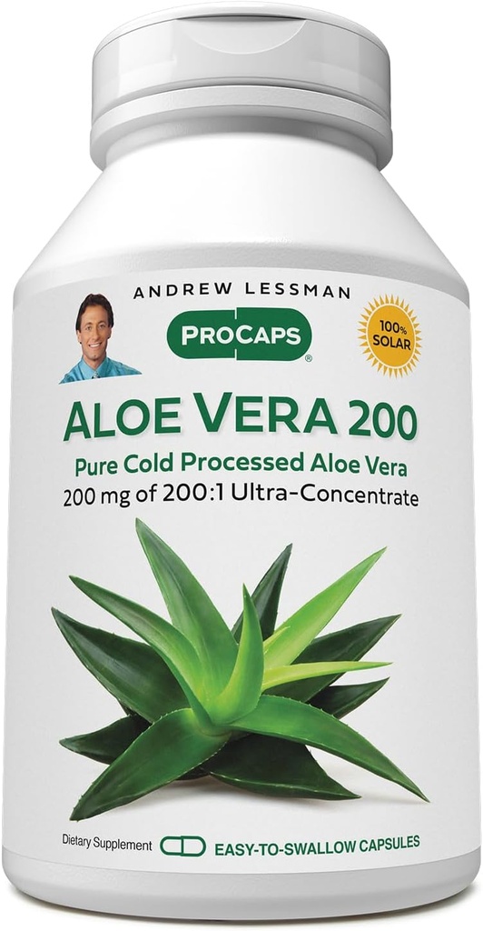 ANDREW LESSMAN Aloe Vera 200-180 Capsules - Proporciona 200:1 Ultra-Concentrate de Aloe Vera, Soothing Support for Stomach and Digestive System, No Additives, Small Easy to Swallow Capsules