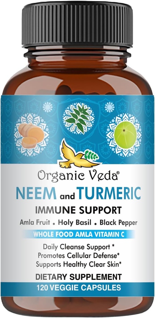 Orgánica Veda Neem &amp; Turmérica Capsulas con Amla Fruit, Tulsi, Holy Basil, Black Pepper Extract - Immune Support Dietary Supplement - Boosts Healthy Clear Skin & Cellular Defense - 120 Vegan Capsules