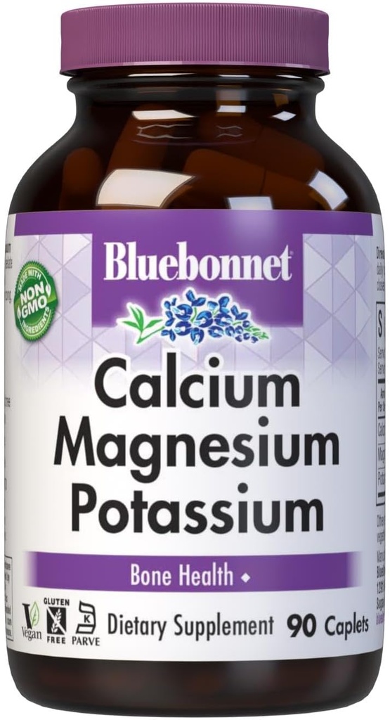 Bluebonnet Calcio Magnesio Suplemento de Potasio para Mujeres y Hombres - Soportes Huesos Saludables - Calcio 1000 mg Suplemento Mineral Forma de Aclamación - No GMO, Vegan, Libre de gluten - 90 Caplets