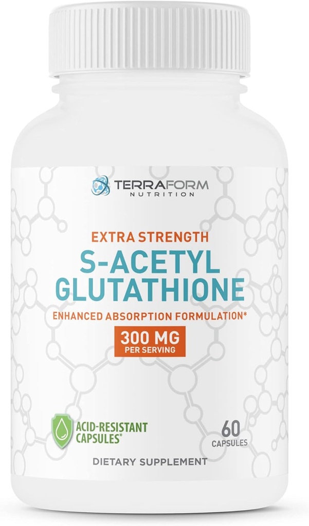 TerraForm Nutrition Extra Strength S-Acetyl Glutathione 300mg – 60 cápsulas resistentes al ácido - Suplemento Glutathione Premium - Suplemento SAG de forma altamente biodisponible y estable – Hecho en EE.UU.