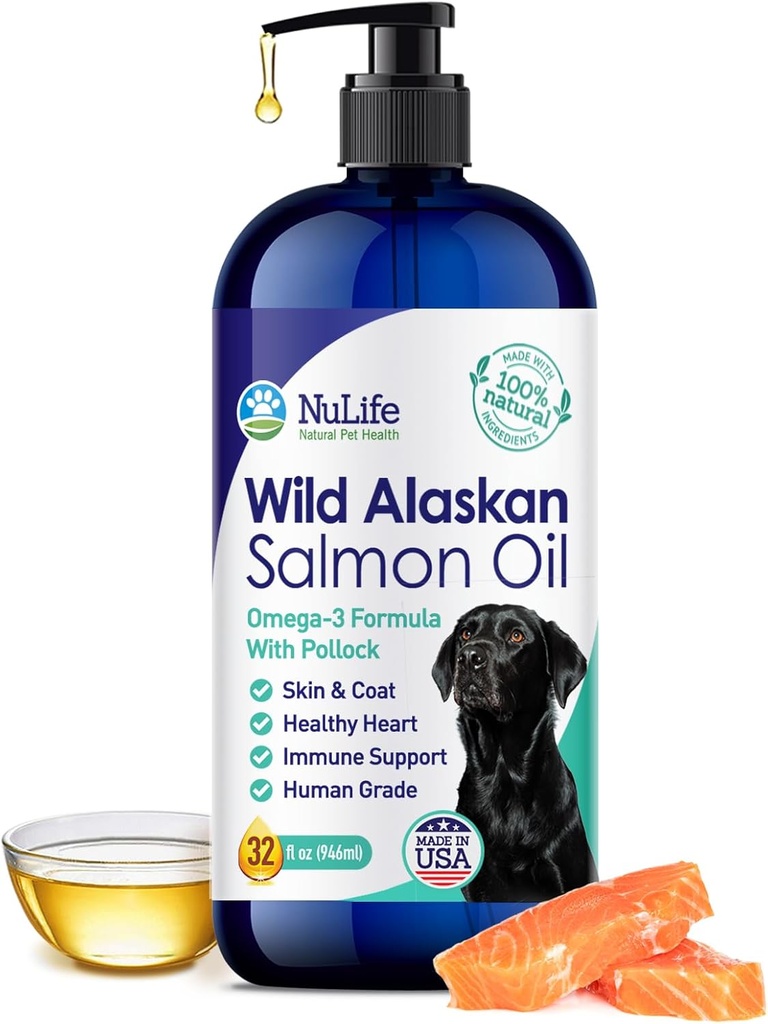 Puro Aceite de Salmón Salvaje para Perros, Omega 3 Fórmula, Aceite de Pez Perro Líquido, Piel y Carne Complemento para Botellas, Piel Seca y Alergías, EPA + DHA Ácidos Gordos, 32 oz Botella de Bomba