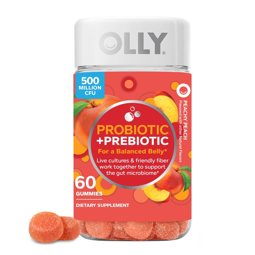 OLLY Probiotic + Prebiotic Gummy, Digestive Support and Gut Health, 500 Million CFUs, Fiber, Adult Chewable Suplemento para Hombres y Mujeres, Peach, 60 Day Supply - 60 Cuenta