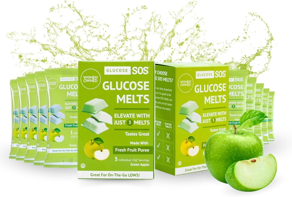 Glucose SOS Melts Hecho con Dextrose Powder Natural Fruit Puree Azúcar, Tapas de Glucose, Suplemento Deportivo, Tablas de Actuación rápida con 10 Servimientos individuales de 15g de manzana verde