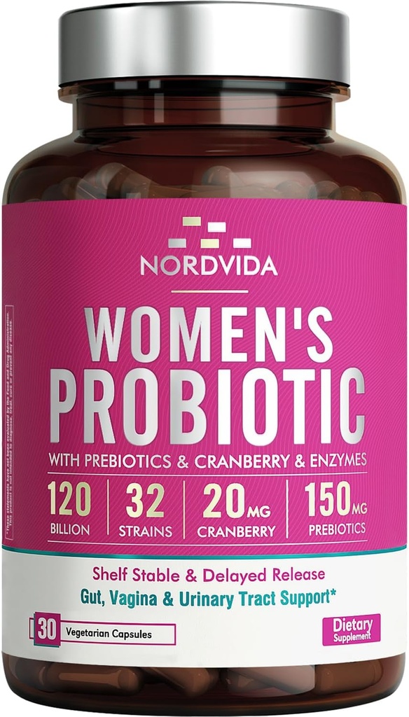 Probiótico femenino, 120 millones &amp; 32 Strains con Arándano, Prebióticos & Enzymes Digestivos, Gut, Vaginal & Urinary Tract Support, 30 cápsulas de liberación retrasada