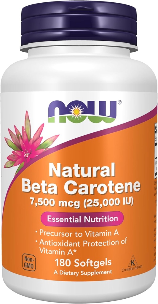 AHORA Alimentos Suplementos, Beta Natural Caroteno 25,000 UI, Nutrición Esencial, 180 Softgels
