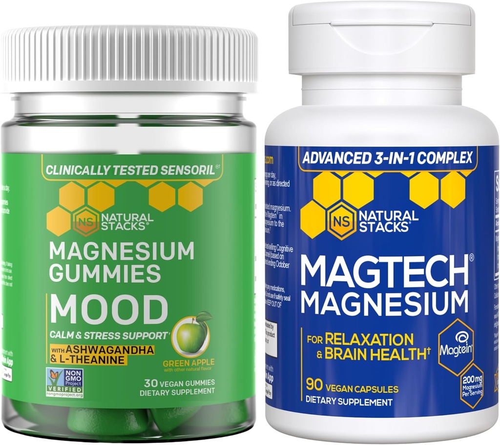 Natural Stacks Magtech + Mood Magnesium Gummies Bundle - 4 Formas de Magnesio - Apoyos Relajación y Salud Cerebro* - 120 Cantidad