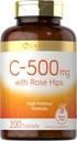Carlyle Vitamina C con Rose HIPS 500mg tención 200 Tablets ← High Potency Formula  Vegetarian, Non-GMO and Gluten Free Supplement