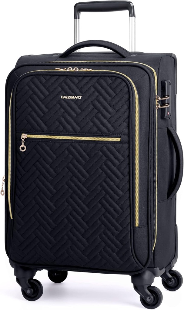 BAGSMART Carry On Luggage 20 Inch,Softside Expandable Suitcase with Spinner Wheels, Luggage 22x14x9 Airline Aprobado Rolling Lightweight Suitcases for Women Men, Compact Carry-On (Black)