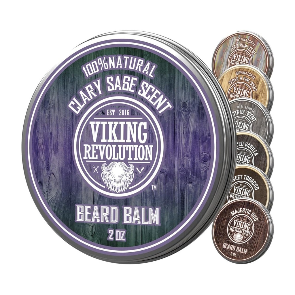 Vikingo Revolucion Clary Sage Beard Balm - Beard Butter with Argan Oil, Beard Softener for Men with Jojoba Oil - Beard Moisturizer for Men with Beeswax - Beard Wax for Men (2oz, 1 Pack)