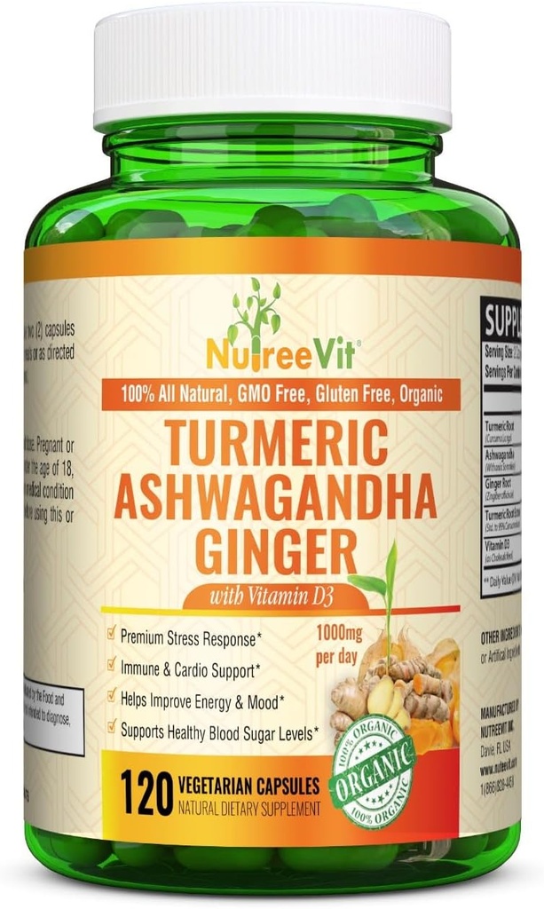 NutreeVit Turmeric orgánica con Ashwagandha & Ginger - 120 Capsules Silencio Ashwagandha Root &amp; Turmeric Suplemento con Vitamin D3 Silencio Suplemento herbal para el bienestar general