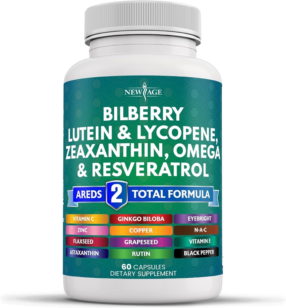 NUEVA AGE Salud Ocular Vitaminas con Luteina de Fresa &amp; Zeaxanthin Lycopene Resveratrol Grape Semillas Astaxanthin - Ojo Vitamina - 60 Con